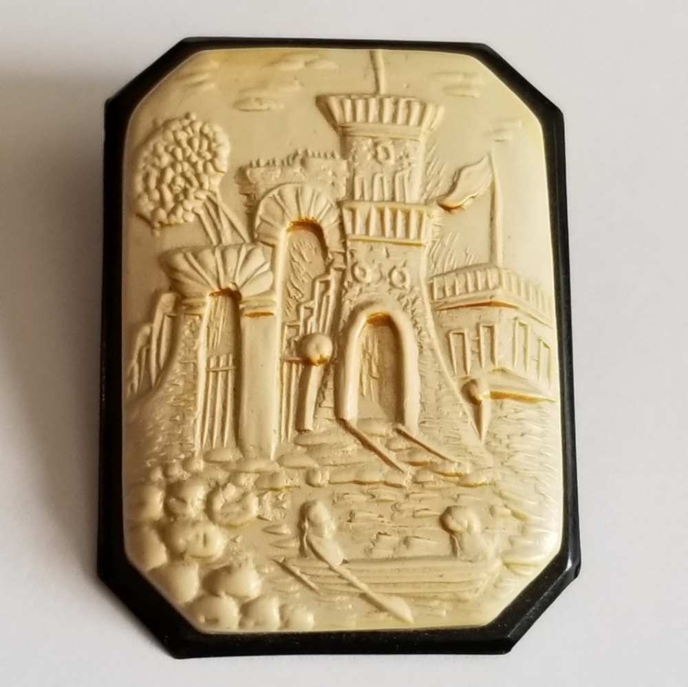 Vintage Venice scene brooch celluloid Italy Vesuvius gondola pin